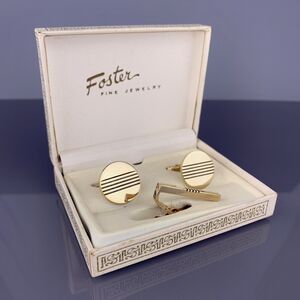Simple Lines Gold Plated Cufflinks Tie Clip Polished Foster Vintage NOS Box